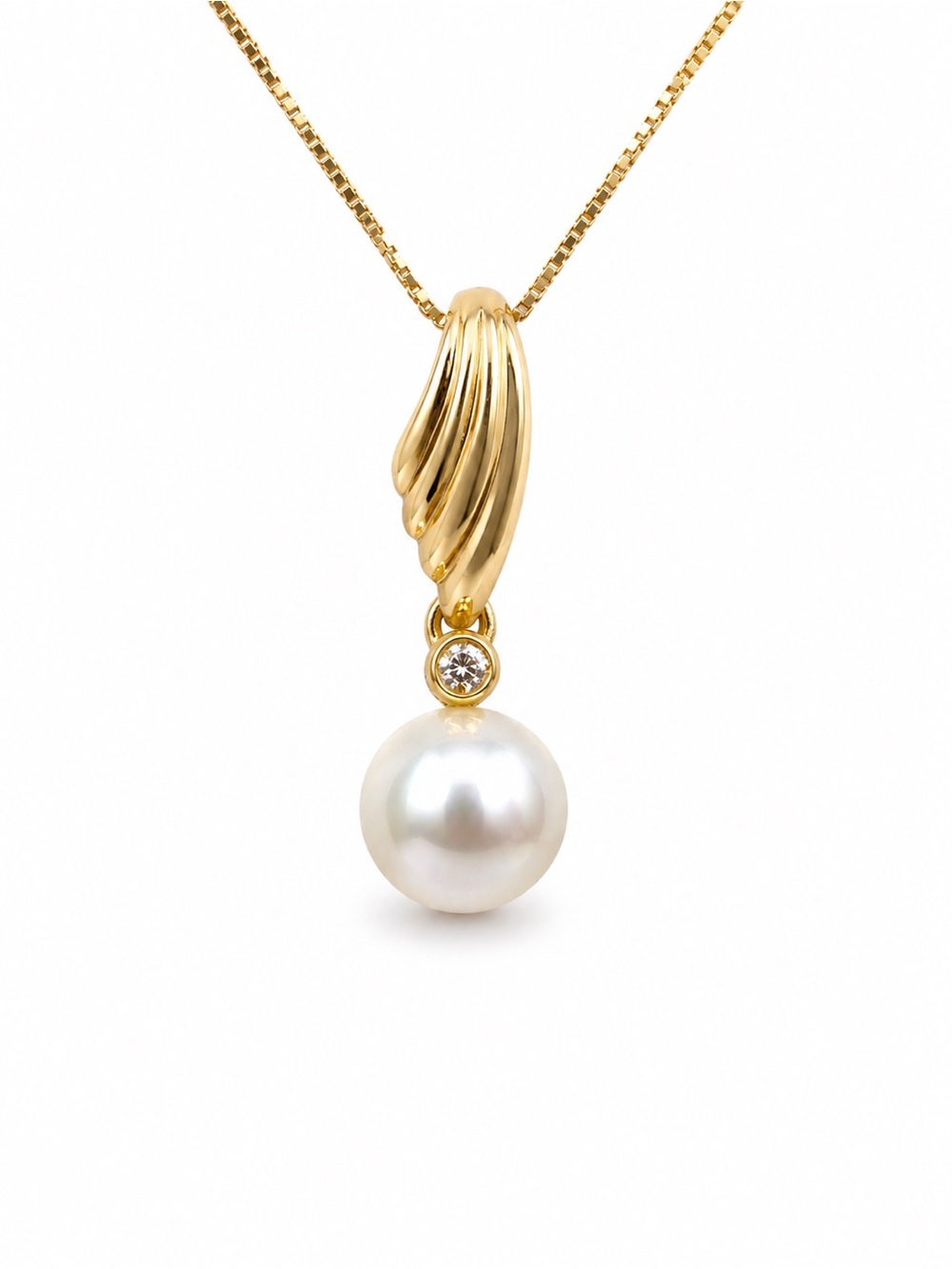 14K Solid Gold Real Cultured Pearl Diamond Drop Pendant Necklace Bridal Italy